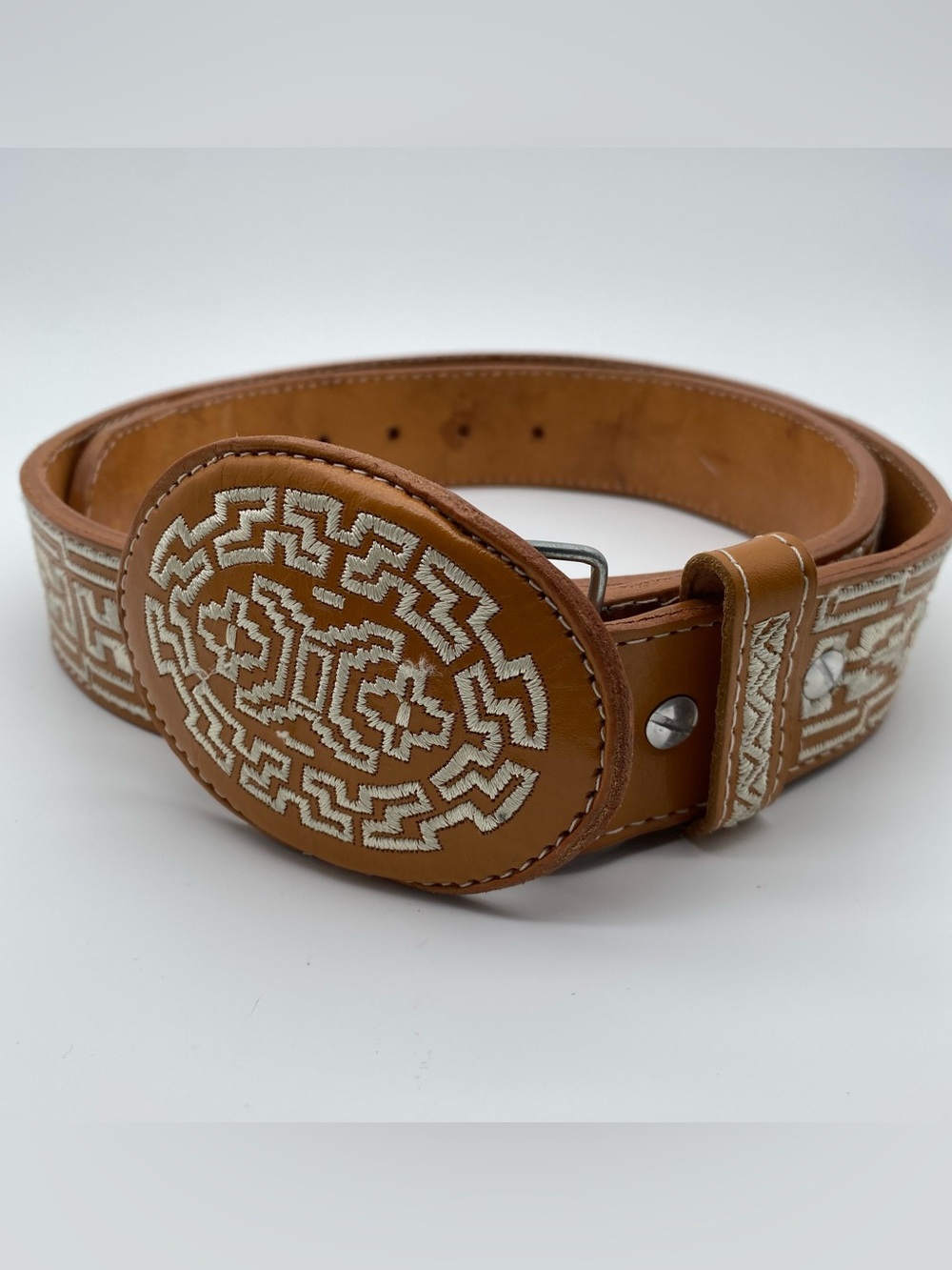 Mexican Western Embroidered Leather Belt Brown White Stitch 40 (Fits ~43")